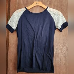 Blue, Lace Shoulder Blouse